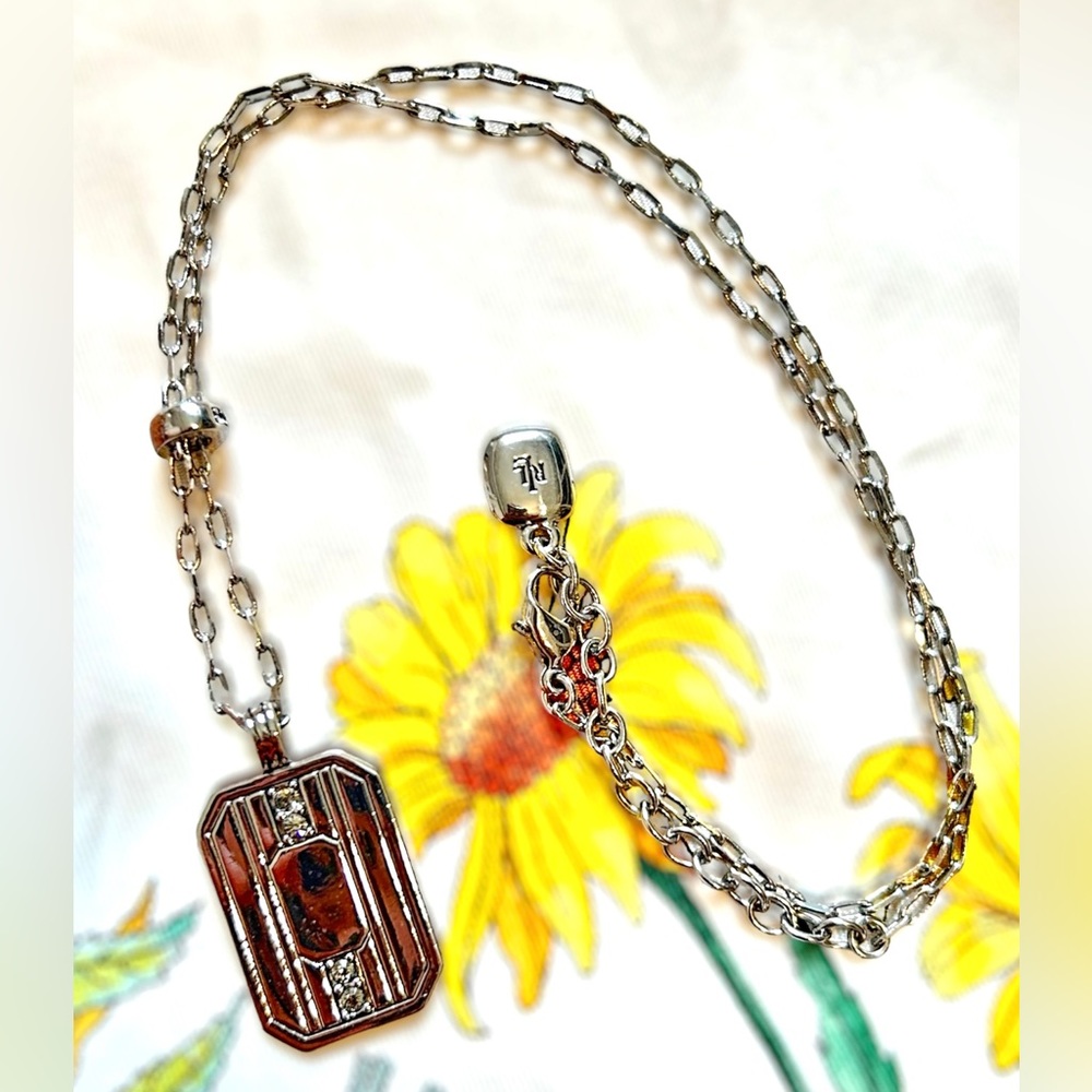 Ralph Lauren Silver Tone Medallion Dog Tag Rectangle Pendant crystal necklace